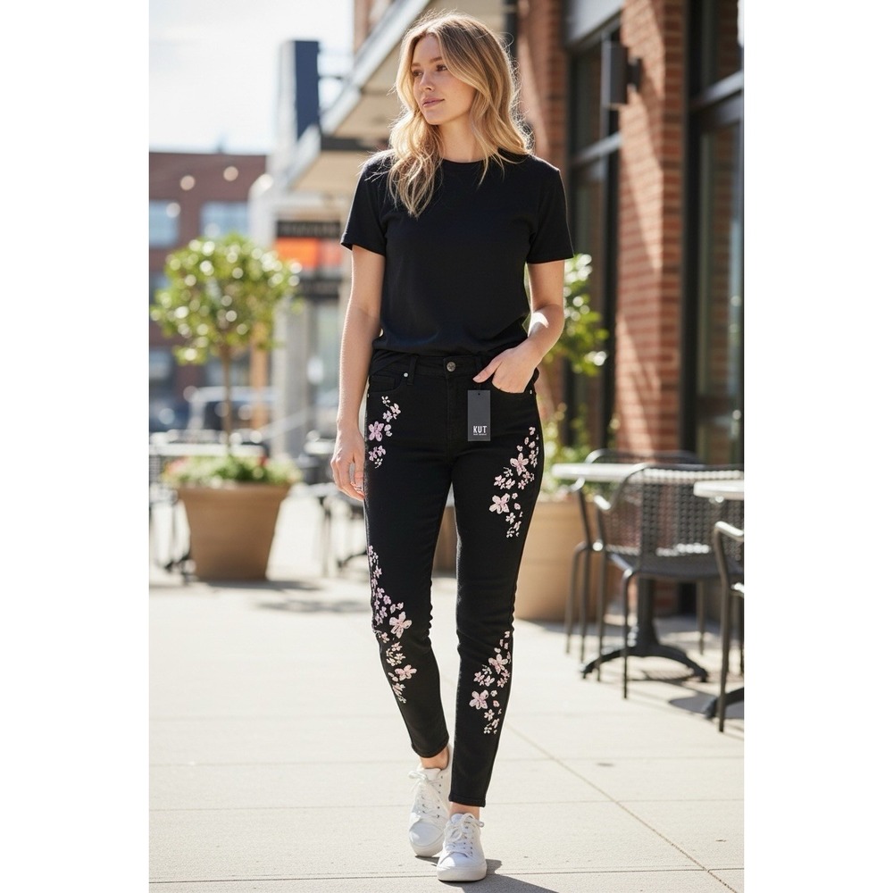 Kut From The Kloth‎ Jeans Womens 6P Black Embroidered Floral Connie Ankle Skinny